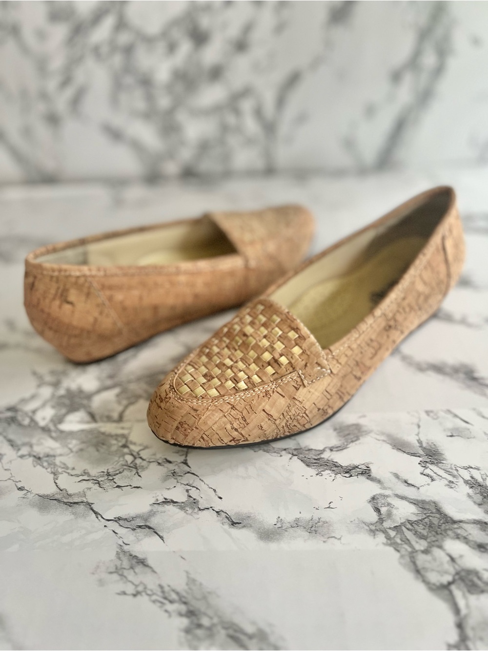 J. Alongi Steffi Cork Woven Tan Metallic Gold Slip On Wedge Loafers Vintage 7N
